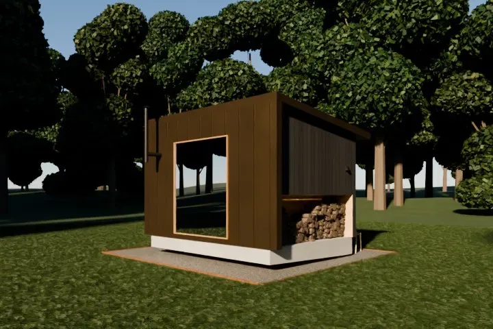 Render of the Chillfire Retreat custom sauna exterior with wood storage