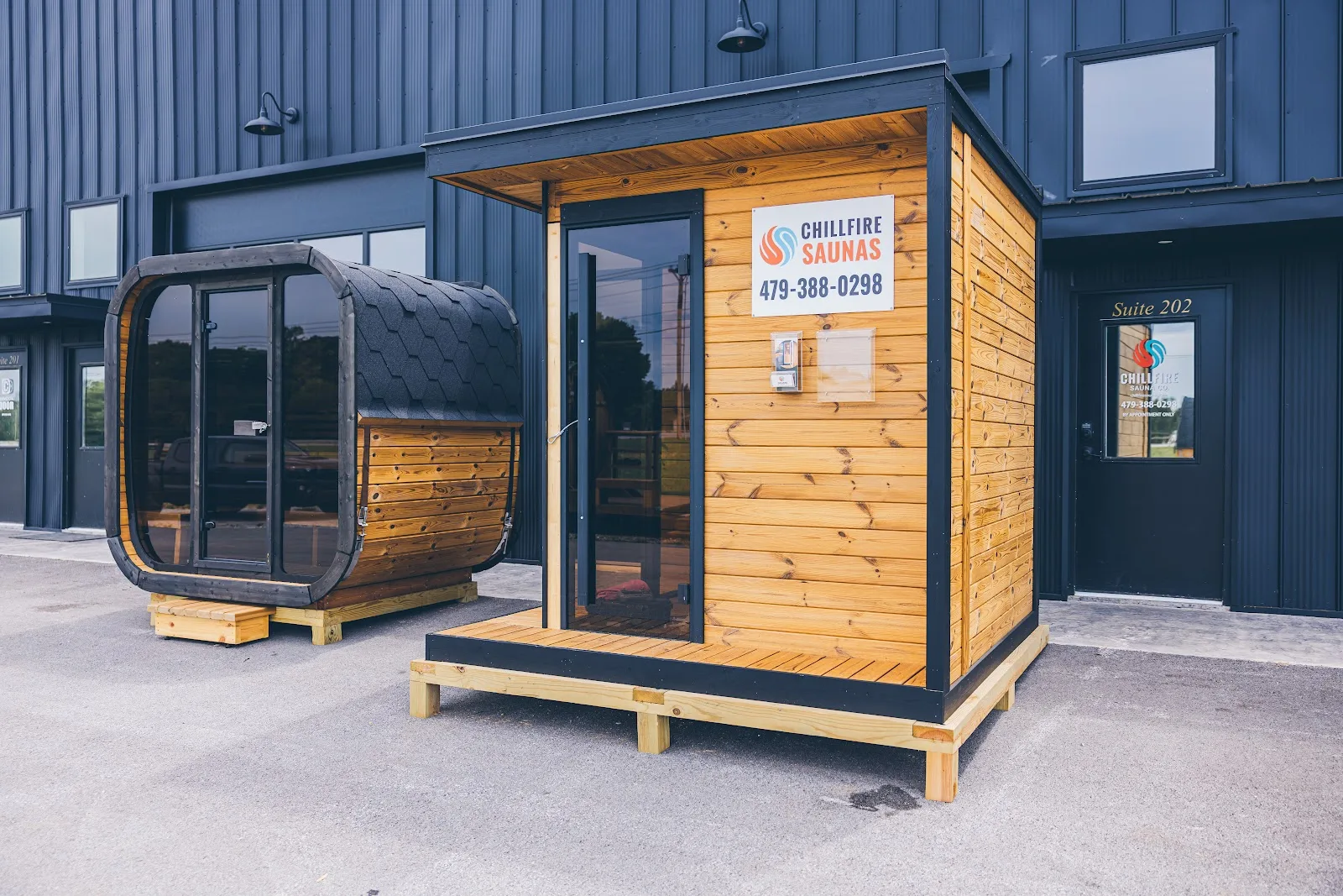 Saunas outside the Chillfire showroom entrance at Suite 202 in Springdale